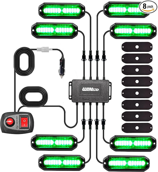 WINECO 8PCS LED Strobe Lights 12V Sync Feature Green 12LED Emergency Hazard Warning Lights with Strobe Controller for Trucks Vehicles ATV RV Cars Van