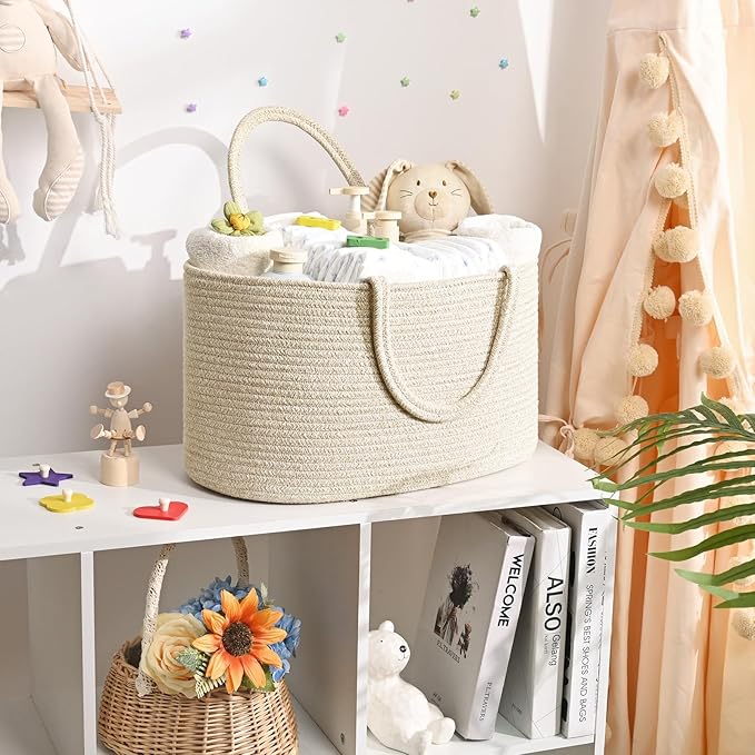 19L Baby Diaper Caddy Organizer, 16.8"x9.8"x9" Cotton Rope Diaper Basket, Changing Table Storage Caddy With Removable Divider, Baby Basket for Nursery, Car, Diapers, Baby Shower Gifts for Newborn