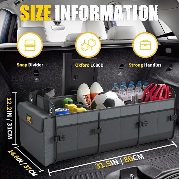 MIKKUPPA Car Trunk Organizer - 100L Large Car Organizer, 1680D Oxford Collapsible Suv Trunk Storage with 2 Adjustable Straps for Auto, Truck, Suv (Gray)