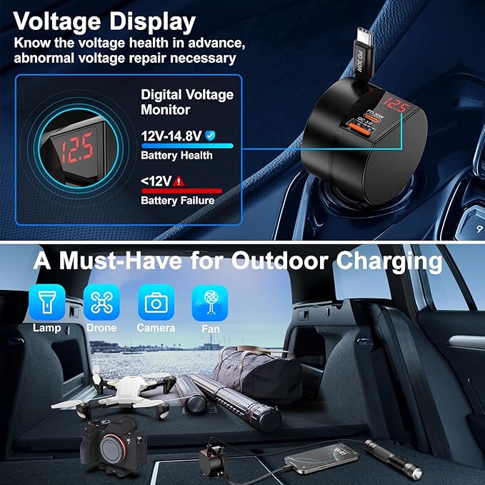 Retractable Car Charger USB C, 2-Pack 3-Port Retractable Fast USB C Car Phone Charger, 65W 3 in 1 Type C Cigarette Lighter Adapter with Retractable Cord for iPhone 17 16 15 Pro Max,Galaxy,iPad,Pixel