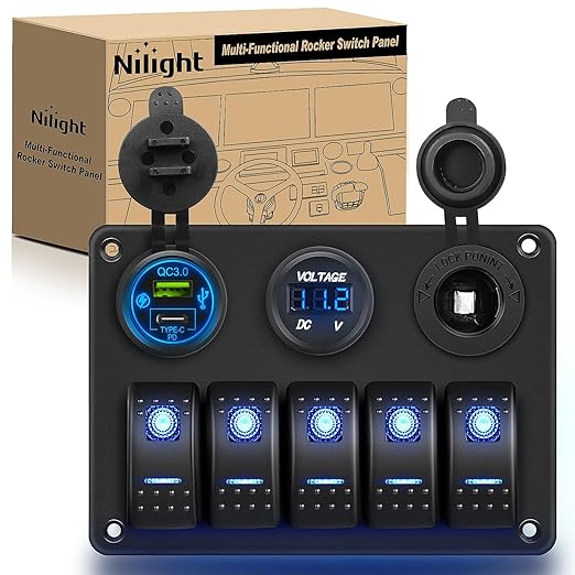 Nilight 5 Gang Rocker Switch Panel Pre-Wired Aluminum with PD Type C and USB Cigarette Lighter Socket Voltmeter 12V 24V ON Off Toggle Switches for Car Trucks Boats RVs