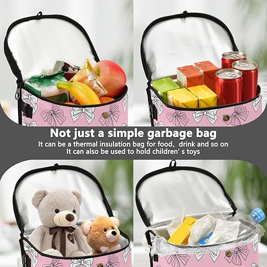 White Pink Bow Car Trash Can with Lid for Back Seat Car Trash Bin Hanging Leakproof Automotive Garbage Can Car Organizer