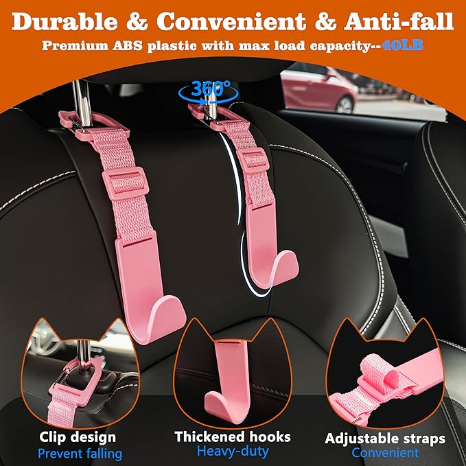 Amooca Car Headrest Hooks 4 Pack Adjustable Universal Fit Auto Seat Back Organizer Storage Hanger Purse Bags Holder with Clip Pink