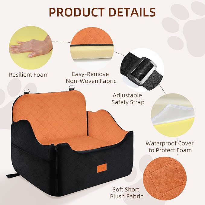 XEEP Dog Car Seat for Medium/Large Dogs Up to 60lbs, Dog Booster Seat with Memory Foam Cushion, Washable Pet Car Seat with Safety Belt & Pee Pad & Blanket, Fits in Back Seat(Black/Brown)