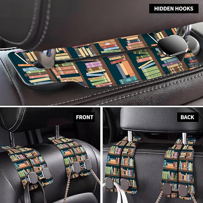 Car Seat Back Storage Headrest Hook, Premium Leather Double Metal Hook, Hanger Storage Organizer for Purse Cloth Bag, Car Interior Accessories Cute Book Shelf