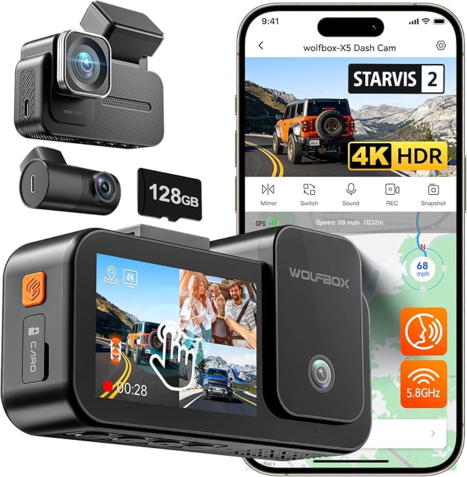 WOLFBOX X5 3 Channel 4K HDR Dash Cam, STARVIS 2 IMX678 8MP Night Vision, 4K+2.5K+1080P Front and Rear Inside Car Camera with 128GB Card and GPS, Support Voice Control, Touch Screen and 5.8GHz WiFi