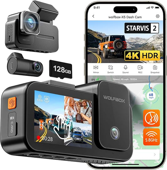 WOLFBOX X5 3 Channel 4K HDR Dash Cam, STARVIS 2 IMX678 8MP Night Vision, 4K+2.5K+1080P Front and Rear Inside Car Camera with 128GB Card and GPS, Support Voice Control, Touch Screen and 5.8GHz WiFi