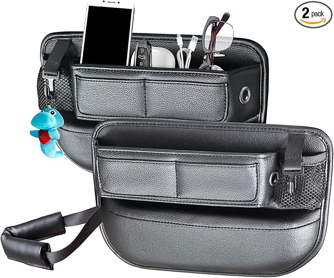 2 Pack Car Seat Gap Filler Organizer for SUV Truck Universal PU Leather Storage Box with Seats Belt Holder Automotive Consoles Side Gaps Small Things Catcher Auto Essentials Accessories for Women Men
