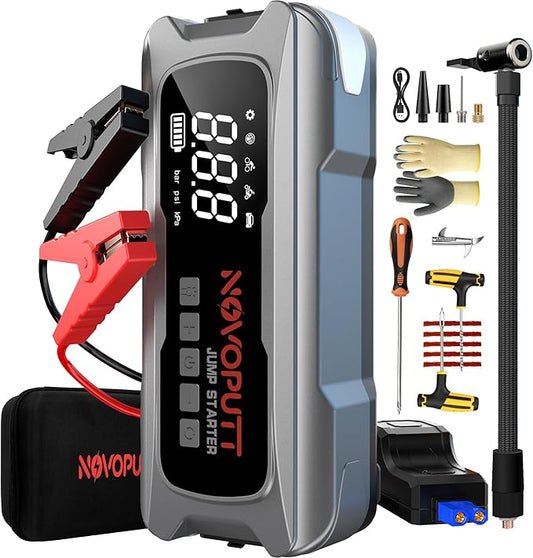 6000A Jump Starter with Air Compressor, PD 65W Fast Recharging,Portable Car Battery Jumper Starter for All Gas &10.0L Diesel, Dual Cylinder Fast Inflator with Light,12V Battery Booster Emergency Kit