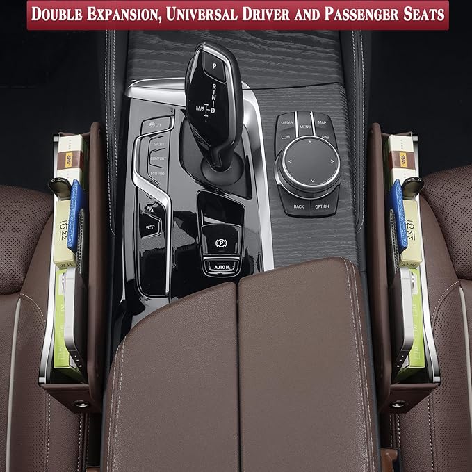 Car Seat Gap Filler - Premium Leather Car Organizer with Extra Storage - Organize and Secure Your Car Essentials - Fits Most Cars, SUV, Truck - 2 Pack - Brown