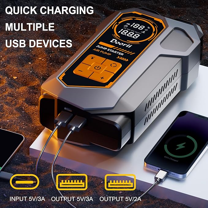 Jump Starter with Air Compressor, Car Jumper Starter Portable 6000A, 150PSI Tire Inflator/Air Pump, LED Flashlight for Up to 10.0L Gas / 8.0L Diesel Engines