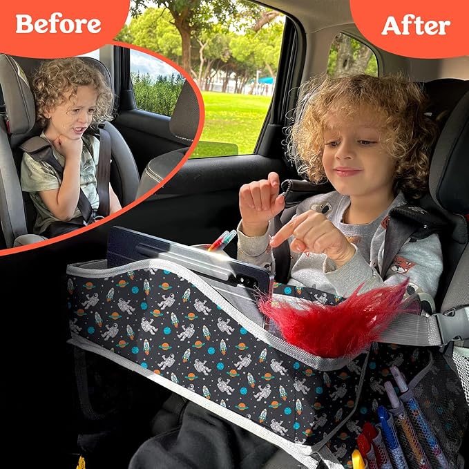 PILLANI Kids Travel Tray for Car - Car Seat Tray for Toddler, Roadtrip Essentials, Carseat Table Tray for Kids Road Trip Activities - Toddler Lap Desk Organizer for Airplane w/Dry Erase Surface