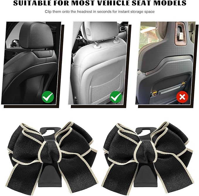2 PCS Car Seat Headrest Hooks, Adorable Bow Knot Storage Hooks Multipurpose Vehicle Headrest Organizer, Auto Seatback Bowknot Hanger Interior Decoration for Car Truck SUV (Black & White)