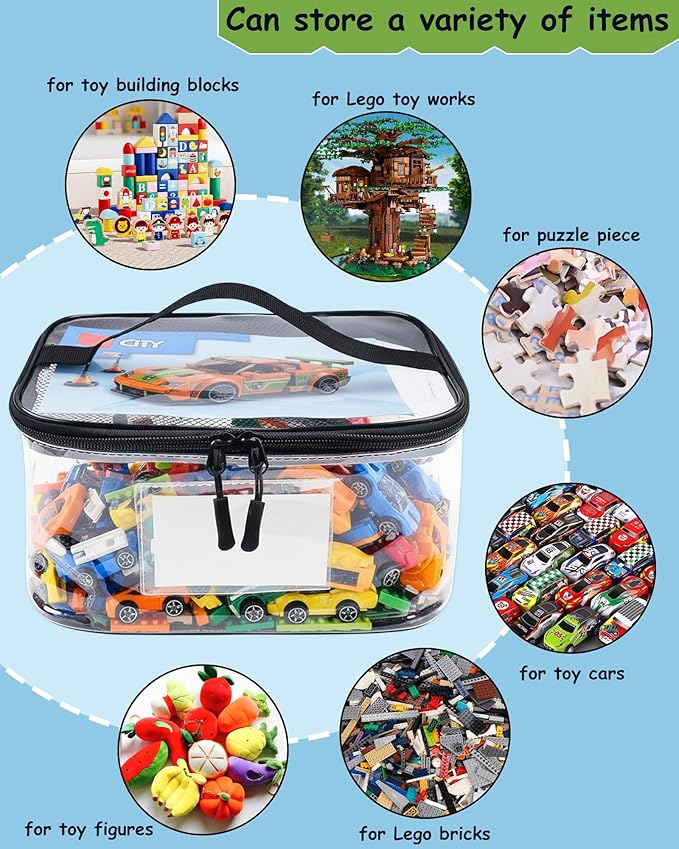6 Pack Extra Large Clear Toy Storage Bags with Tag & Pocket – Versatile Waterproof Organizer Bags for Lego Bricks, Board Games, Building Blocks, Puzzles, Dolls, Books (Mixed Sizes-Black-6 Pack)