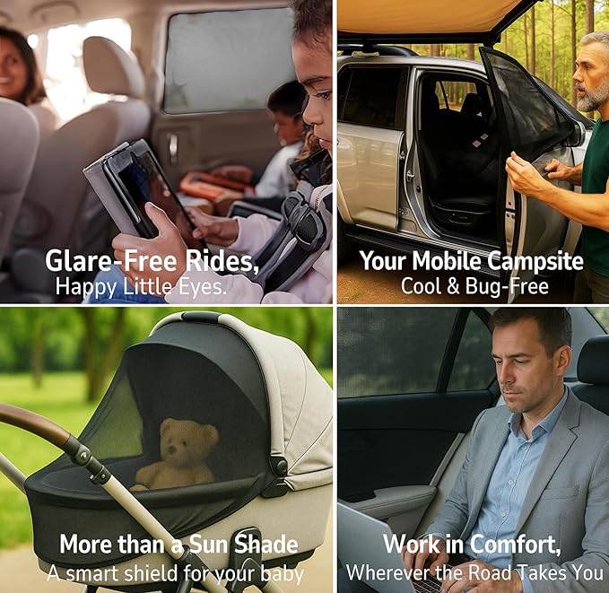 ML/Car Window Sun Shades (9 Sizes) for Large Cars & SUVs - Heat-Blocking Mesh Screens to Protect Back Seat from Sun, UV & Bugs, Cooler Travel for Kids, 2-Pack by Qualizzi
