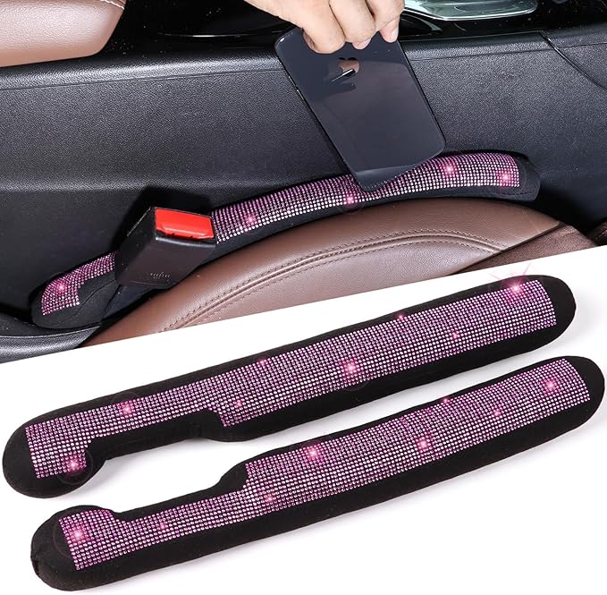 Briwill Bling Pink Car Seat Gap Filler - 2 Pack Crystal Rhinestone Diamond Bling Girl Car Accessories, Seat Gap Blocker Universal fit for Trucks, SUVs, Cute Car Accessories Interior Decor, (Pink)