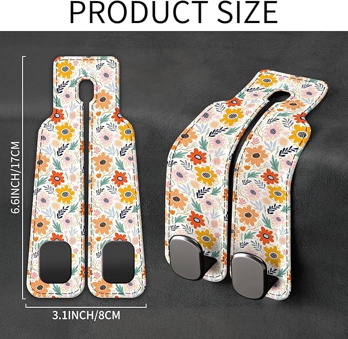 Car Seat Back Storage Headrest Hook, Premium Leather Double Metal Hook, Hanger Storage Organizer for Purse Cloth Bag, Car Interior Accessories Colorful Small Flowers