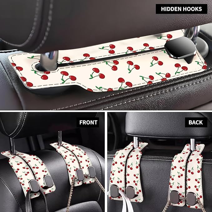 Car Seat Back Storage Headrest Hook, Premium Leather Double Metal Hook, Hanger Storage Organizer for Purse Cloth Bag, Car Interior Accessories White Red Cherry