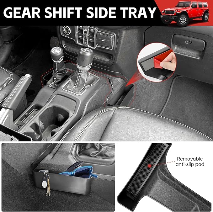 Center Console Organizer for 2024 2025 Jeep Wrangler JL JLU 4XE/Gladiator JT Gear Shift Console Side Tray GrabTray Passenger Hanging Armrest Storage Box for Wrangler&Gladiator(24+ 4-piece)