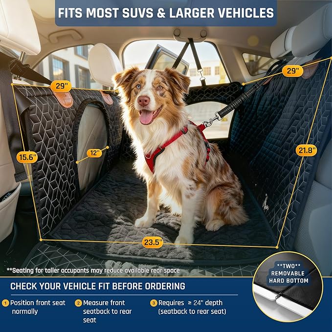 Dog Car Seat for Large Medium Dogs | Waterproof Dog Seat Cover for Back Seat with Hard Bottom | Alloy Twist-Lock Rods | 3 Mesh Windows | Removable Fleece Mat | Cars, SUVs, Trucks