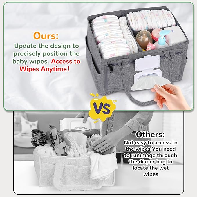 Diaper Caddy with Wipe Dispenser One-Handed Access, Premium Diaper Organizer, Portable Car Organizer Nursery Basket for Newborn Essentials, Baby Registry Must Haves for Boys & Girls,Grey