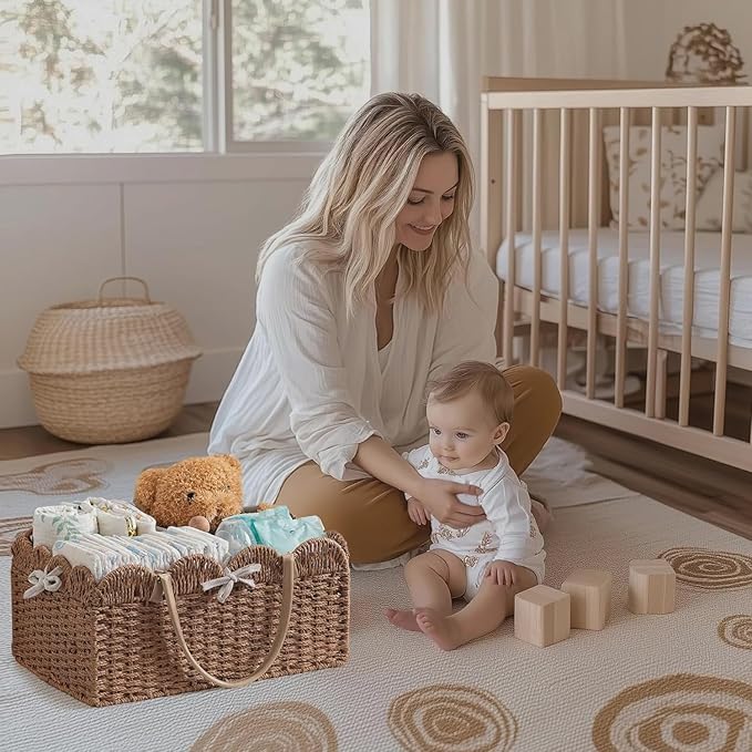 HBlife Baby Diaper Caddy, Paper Rope Storage Baskets Nursery Bin with Removable Divider, Portable Car Organizer for Diapers, Baby Shower Gifts, Newborn Essentials Must Haves