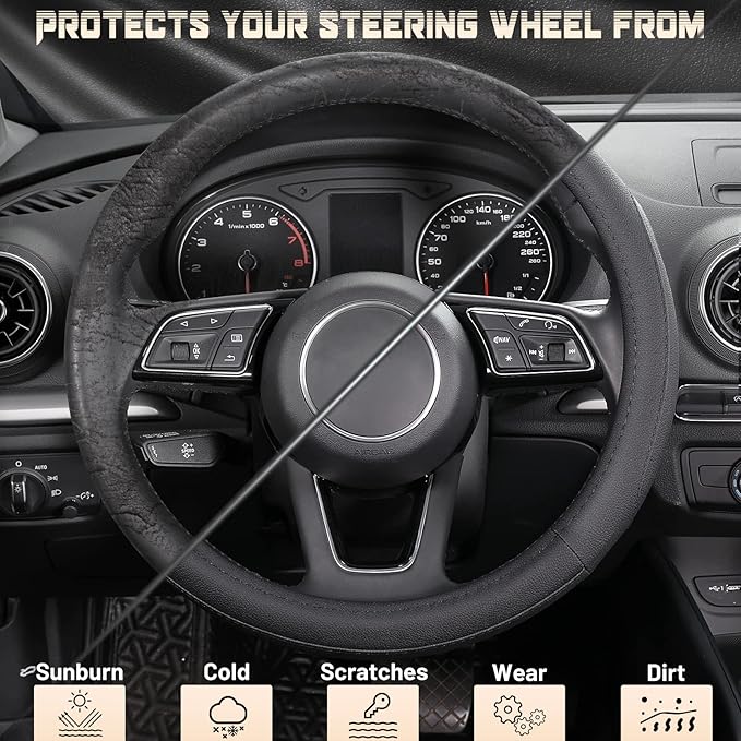 SEG Direct Car Steering Wheel Cover for Prius Civic Model 3 Model Y Camaro, Small Size 14-14.25 inch, Black Microfiber Leather