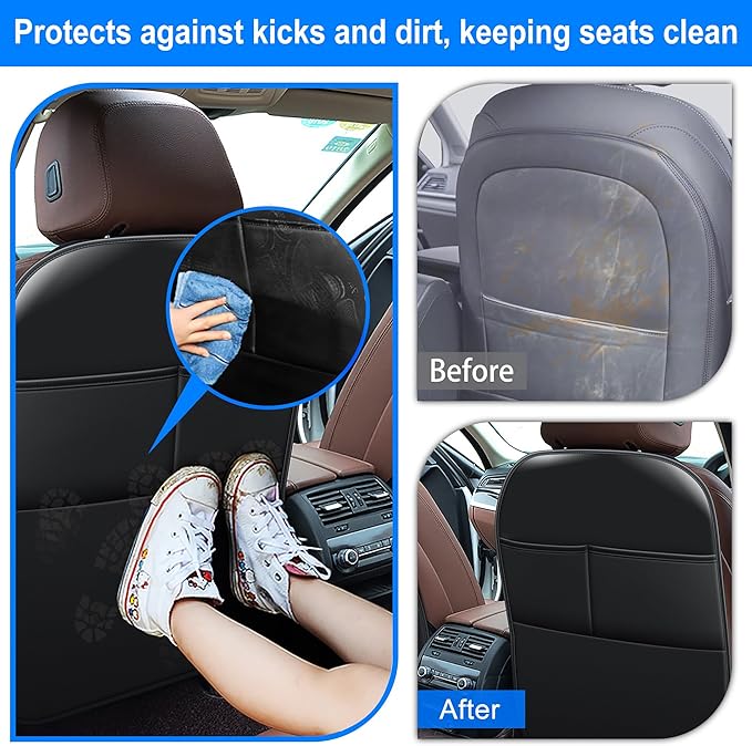 Back Seat Protector Car Kick Mats for Toyota RAV4 RAV-4 SUV with 2 Pocket Storage Organizer, Waterproof Dirt Proof Faux Leather Back Seat Covers for Kids Automotive Accessories (1 Pair,Black)