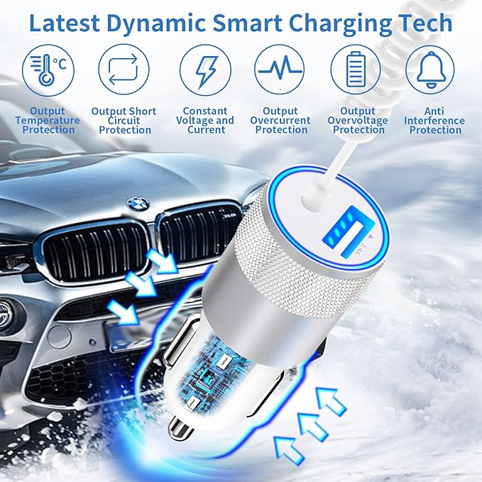 [Apple MFi Certified] iPhone Fast Car Charger, Caiinei 4.8A Dual USB Power Car Charger Fast Charging Cigarette Lighter+6FT Coiled Lightning Cable for iPhone 14 13 12 11 Pro Max XS Mini XR X 8 SE iPad