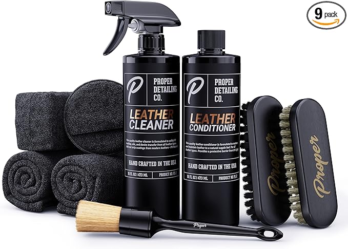 PROPER DETAILING CO. Car Leather Cleaner and Conditioner, Clean and Protect for long lasting leather, 9 Piece Deluxe Leather Care kit for professional results, leather car cleaner, conditioner leather