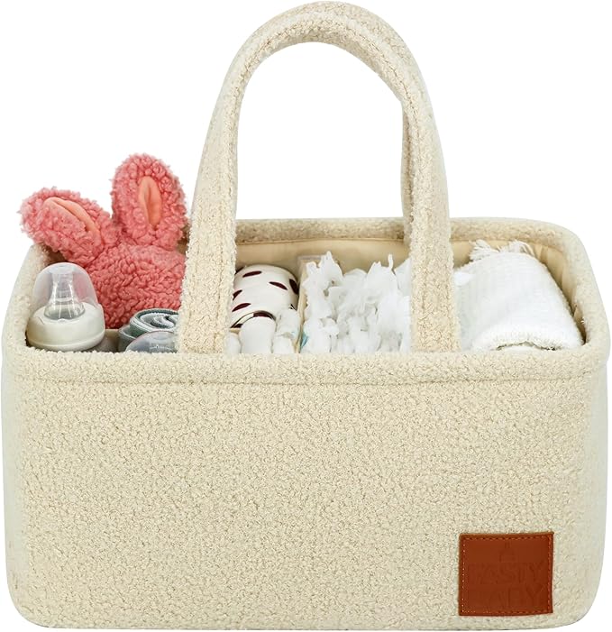 Baby Diaper Caddy Organizer: Soft Beige Teddy Wool - Portable Diaper Caddy, Car Organizer - Newborn Essentials Must Have - Nursery Storage Basket for Baby Essentials. Baby shower & Newborn Gift Idea
