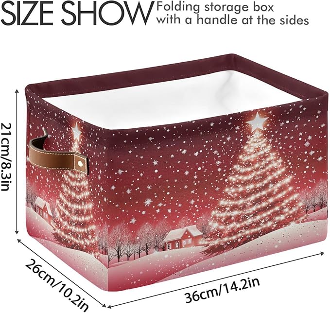 Christmas Tree Red Storage Basket with Waterproof Liner and PU Handles Xmas Winter Snow Scene Storage Bins Boxes 14.2" Collapsible Decorative Organizer Baskets for Bedroom Closet Office 1 Pack