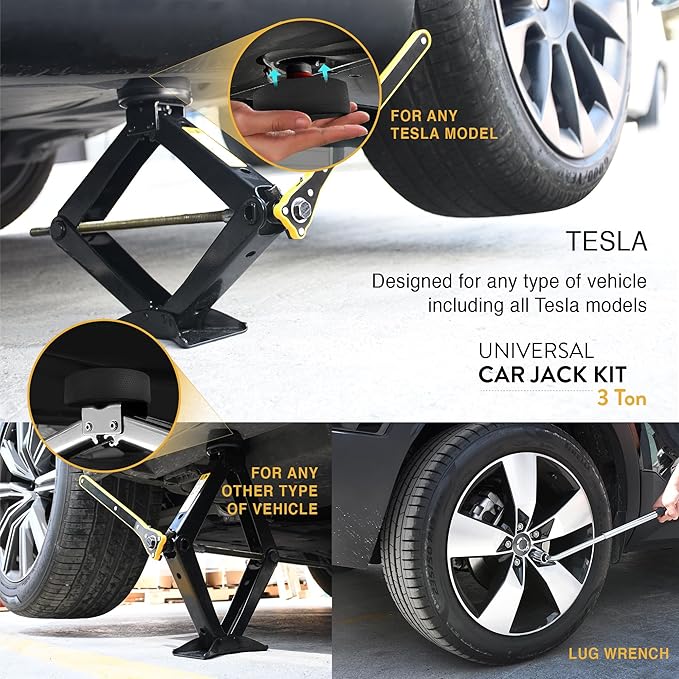 Car Jack Kit with Tesla Pad & Universal Rubber Pad 3 Ton (6,600 lbs) | Scissor Jack for Car - Tire Jack Tool Kit | Portable, Ideal for SUV and Auto - Universal Emergency Kit with Lug Wrench
