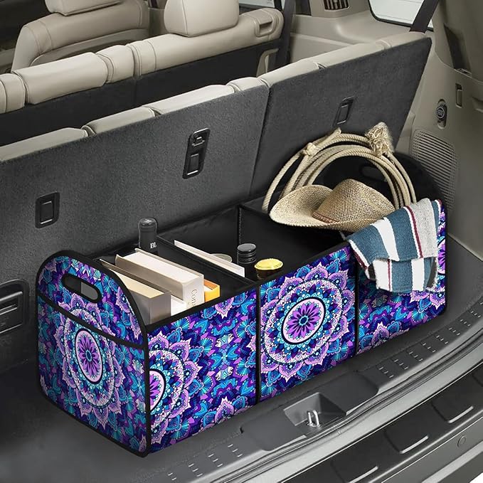 Purple Mandala Flower Car Trunk Storage Box with Pockets Car Accessory for SUVs Cars Automotive Organizer