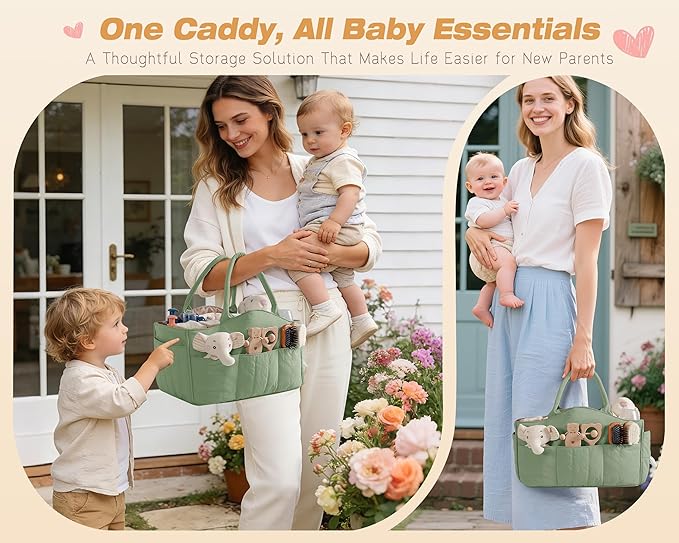 Quilted Baby Diaper Caddy with Detachable Dividers and Wipes Pocket, Lightweight Baby Caddy Organizer with Handles and 8 Pockets for Baby Stuff, Green