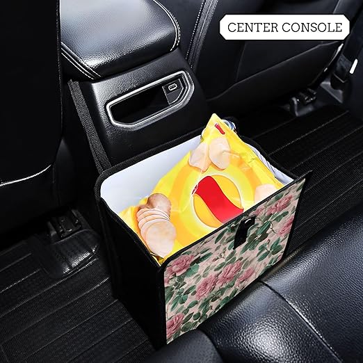 Car Trash Can Organizer Bin with Adjustable Strap for Back Front Seat Console Waterproof Leakproof Collapsible Portable 8.66 Inch Pink Vintage Roses with Leaves