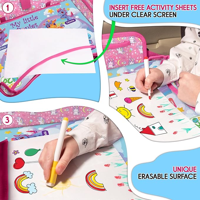 Kids Travel Tray - Waterproof Lap Table with No-Drop Large Tablet Holder - Car Seat Tray - Road Trip Essentials Kids - Car Desk Organizer for Airplane - Toddler Travel Essentials (UNICORN)