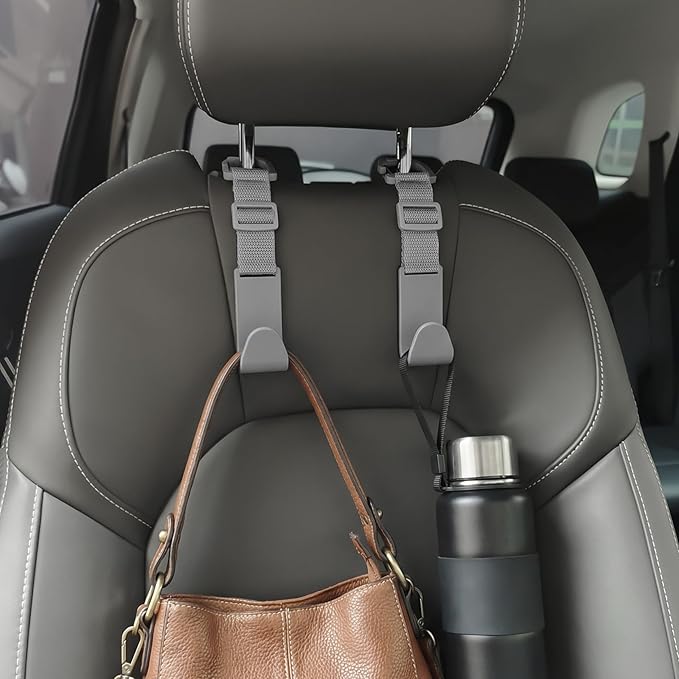 Amooca Car Headrest Hooks 4 Pack Adjustable Universal Fit Auto Seat Back Organizer Storage Hanger Purse Bags Holder with Clip Gray