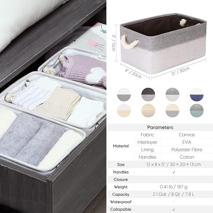 Sea Team 3-Pack Small Storage Basket Set, Storage Cube Organizer, Storage Bins, 12 x 8 x 5 Inches, Rectangle Canvas Fabric Collapsible Shelf Box with Handles for Kids Room (Grey/Beige)