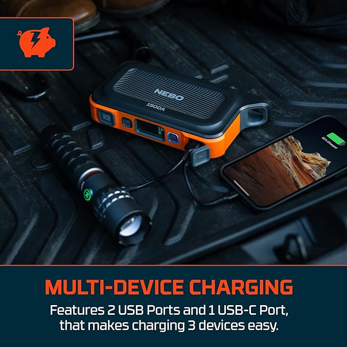 NEBO 1500A Jump Starter | 1500 Amps, 29.9Wh Power Supply, Portable Jump Box, Restarts 12V Trucks & SUVs Car Battery, Integrated Emergency Floodlight, USB Multi-Device Charging, Spark-Proof Safety