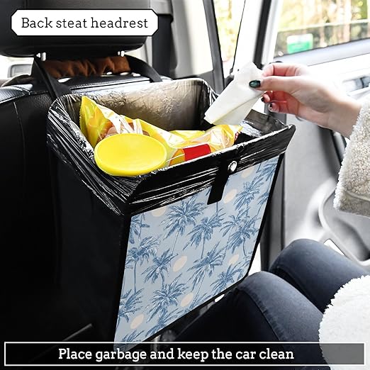 Car Trash Can Organizer Bin with Adjustable Strap for Back Front Seat Console Waterproof Leakproof Collapsible Portable 8.66 Inch Light Blue Palm Trees and Sun