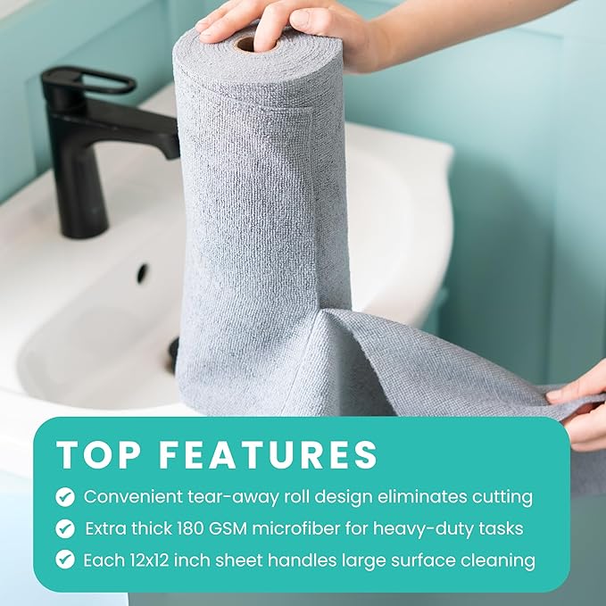 Microfiber Cleaning Cloth Roll Tearaway, 50 PCS Tear Away Towels, Reusable & Washable, Ultra Absorbent 12" x 5.5" Dish Rags for Car, Home, Kitchen, , 200 GSM Thickness, Paper Towel Alternative