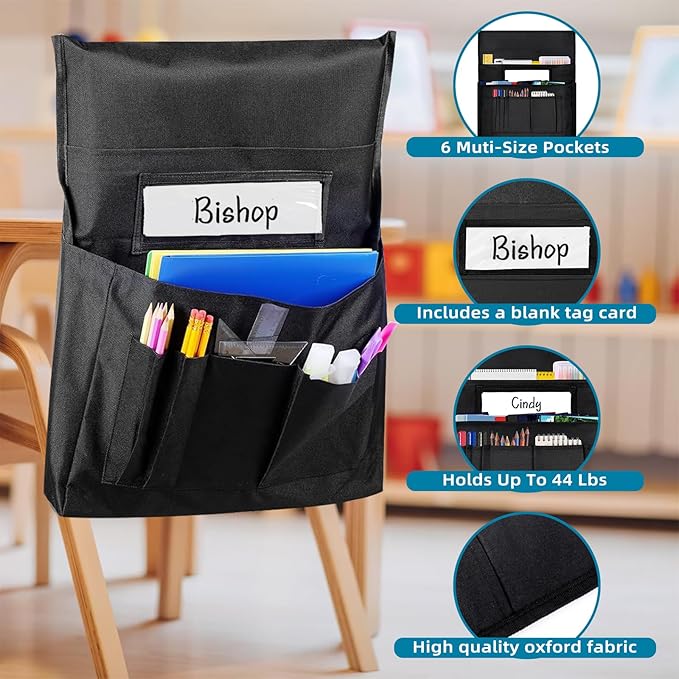 12 Pcs Classroom Chair Pockets, 18.5 x 15.3 inch Black Chair Pockets For Classroom, Seat Sacks for Classroom Chairs, Buddy Pocket, Chart Seat Back Organizer with Name Tag