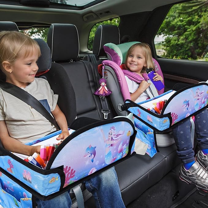 Kids Travel Tray, Kids Travel Trays for Car Seat, Road Trip Essentials for Toddler, Carseat Lap Tray with Dry Erase Board & Storage Organizer for Road Trip Activities for Kid, Bluish Violet