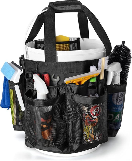 5 Gallon Bucket Organizer with Anti-fall Hooks & Buckle, Car Wash Bucket Caddy with Mesh Pockets, 5 Gallon Cleaning Tools Bag for Home, Auto, Garden & Fishing