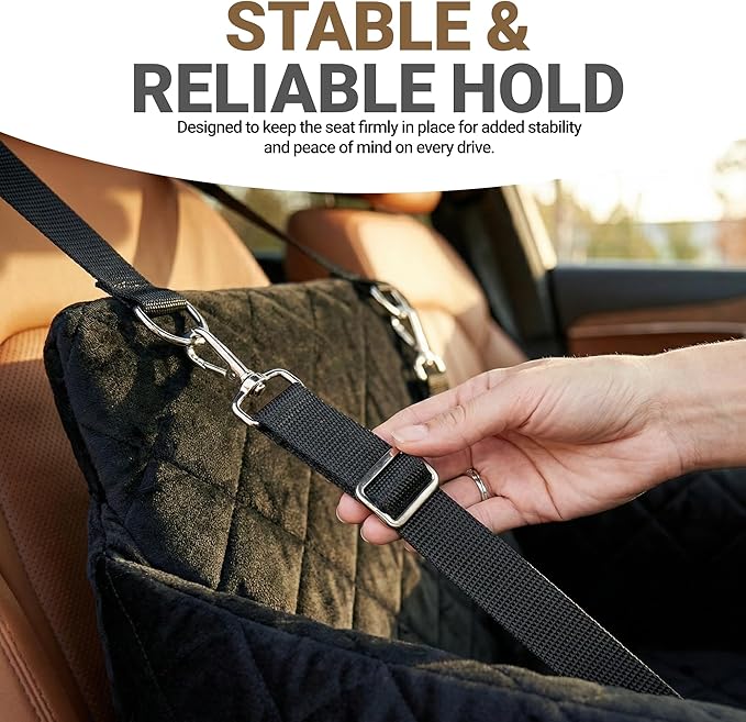 Elevated Dog Car Seat for Small/Medium Dogs up to 35 lbs, Memory Foam Pet Booster Seat with Detachable Washable Cover, Portable Travel-Safe Bed for Cars with Safety Belts and Storage Pockets