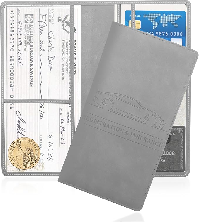 Car Registration and Insurance Holder,PU Leather Car Glove Box Organizer Car Document Holder for ID,Driver's License,Universal Car Organizer Car Accessories for Women/Men(Gray)