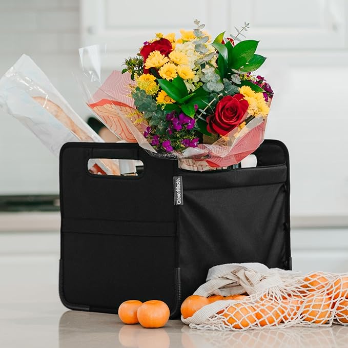 CleverMade Double Trunk Caddy 46L – Collapsible Trunk Organizer for SUV with Flex-Frame Structure, Connectable Car Storage Basket for Groceries & Cargo – Midnight Black