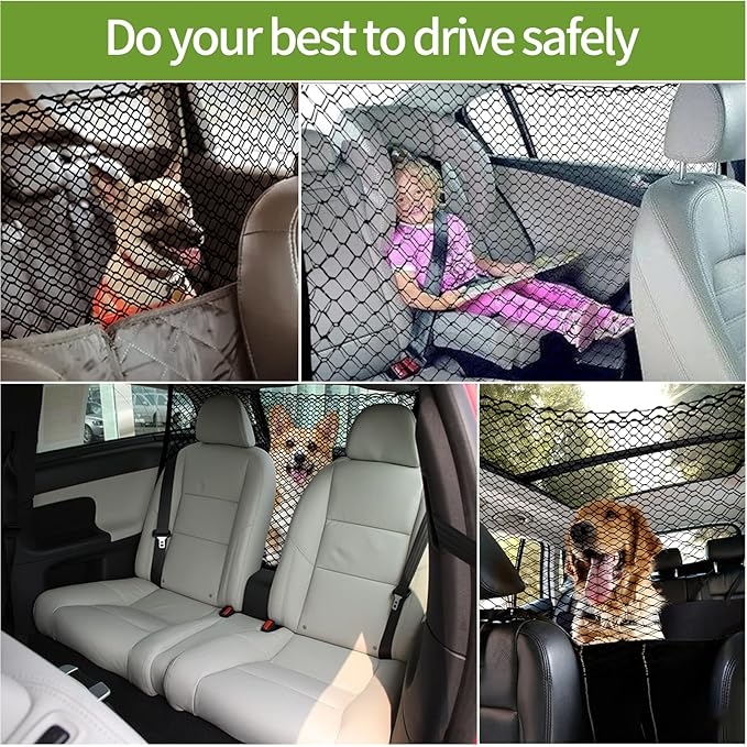 Car Dog Barrier Net, Hook Up Elastic Envelope Luggage Net (47.24" x 33.85") Dual Layer Safety Net for Pet Dog Vehicle Universal Mesh Barrier Guard Blocks Access to Car Front Seats Organiser Bag
