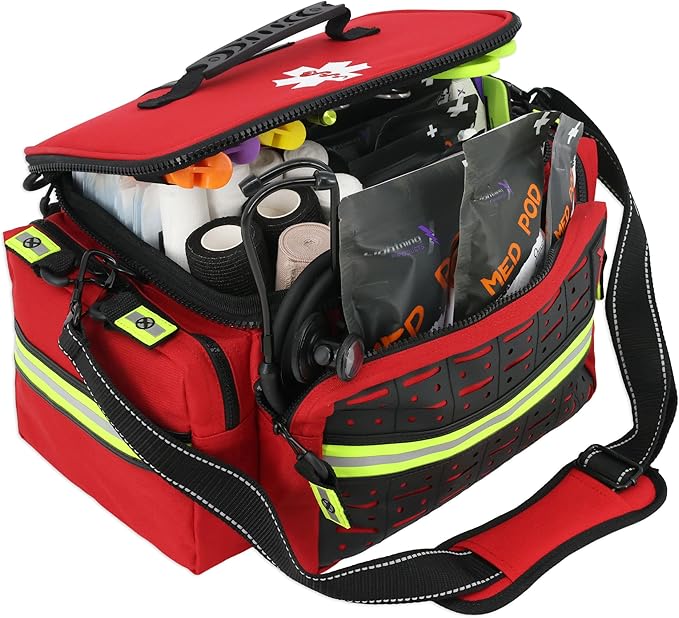 Lightning X Mid-Sized First Responder EMT Bag | LXMB25 | Fully Stocked w/ 240+ First Aid, EMS & Trauma Supplies - RED